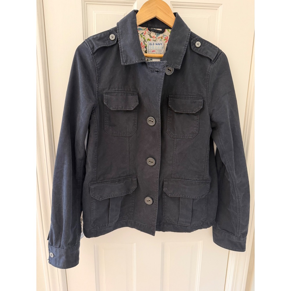 Old‎ Navy Womens Navy Blue Cotton Field Jacket Floral Lined Utility Military M